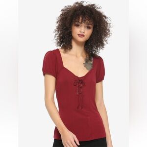 HOT TOPIC Short Sleeve Lace-Up TOP! Soft Stretchy Princess Seams Cap/Puff Sleeve